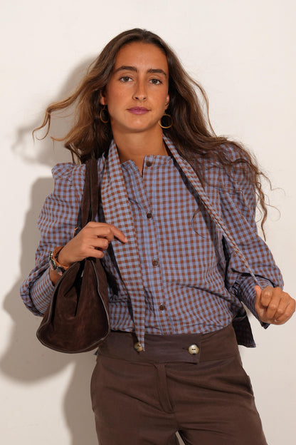 CAMISA BULGARIA VICHY AZUL MARRÓN. SIN LAZO