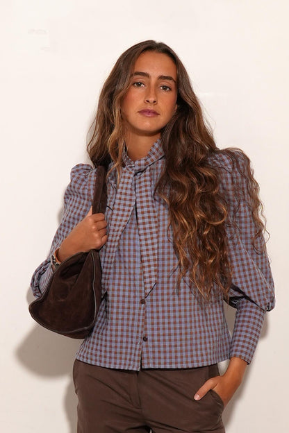 CAMISA BULGARIA VICHY AZUL MARRÓN. SIN LAZO