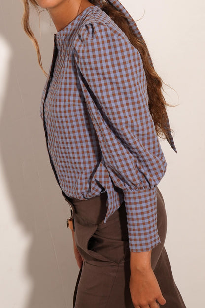 CAMISA BULGARIA VICHY AZUL MARRÓN. SIN LAZO