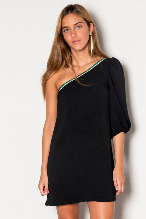 Vestido asimétrico cinta lúrex.